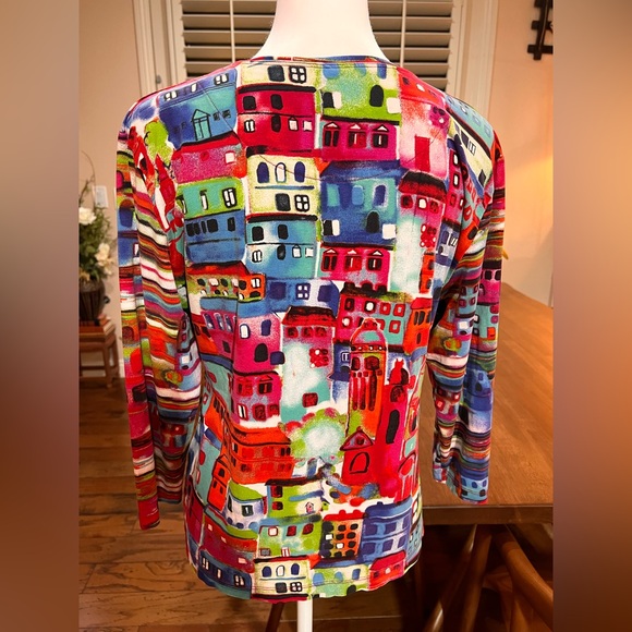 Chico’s Artsy Abstract Colorful Print Stretch Pullover Top Sz L Statement Piece - Picture 8 of 8